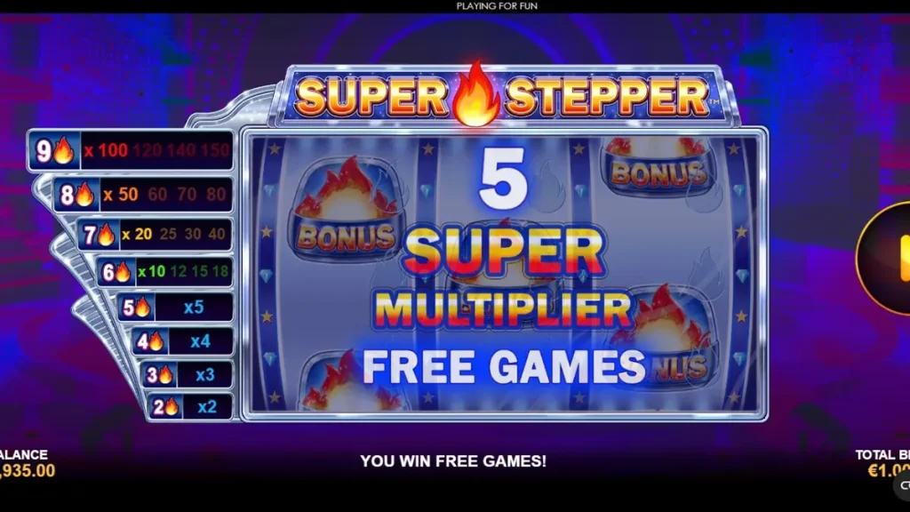 Super Stepper سلاٹ گیم کا نیین پرپل اور سائبر پنک تھیم والا انٹرفیس