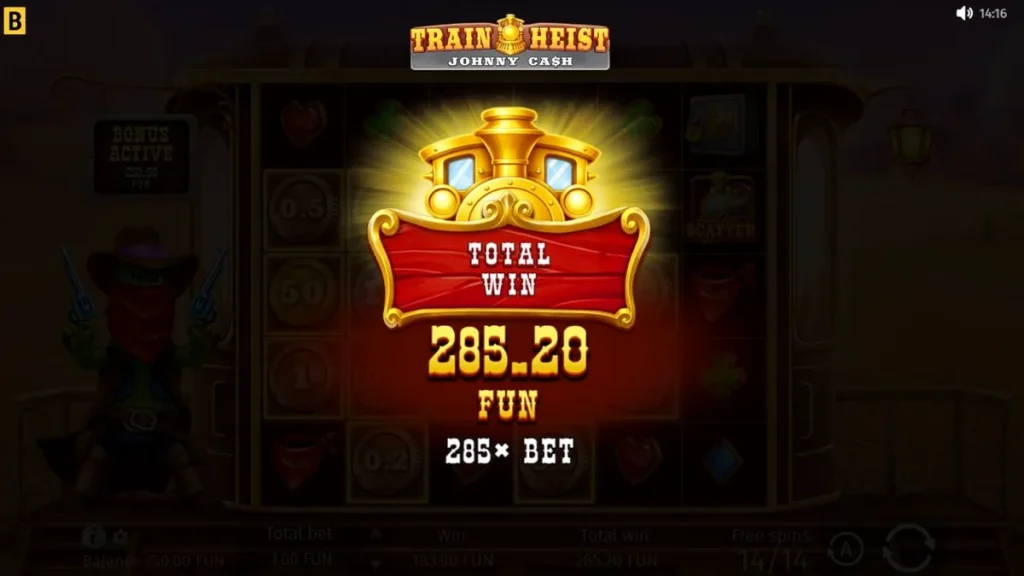 Train Heist Johnny Cash slot game interface featuring the cowboy character.