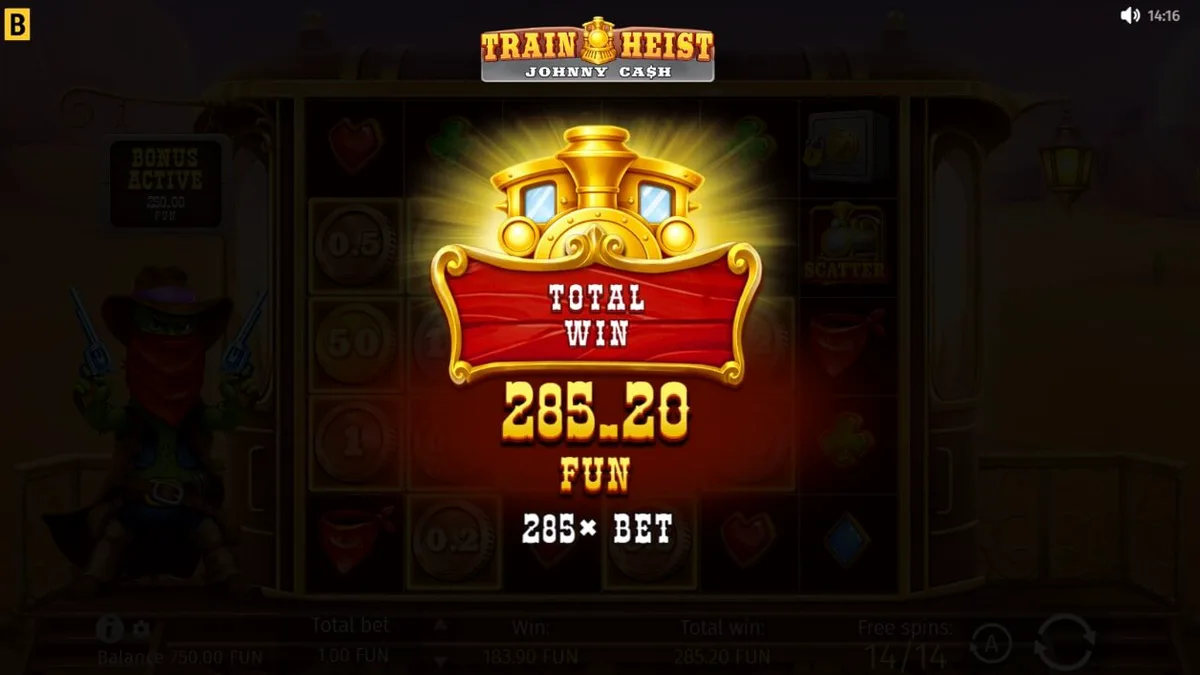 Train Heist Johnny Cash slot game interface featuring the cowboy character.